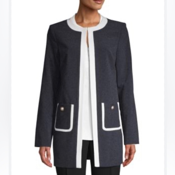 Karl Lagerfeld Blazer Navy Small Long Jacket White Contrast Trim Lined Pockets - Picture 1 of 15